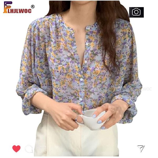 

south korea chic temperament lady women blouse floral flower gentle fairy retro vintage button shirt flhjlwoc vestido women's blouses, White