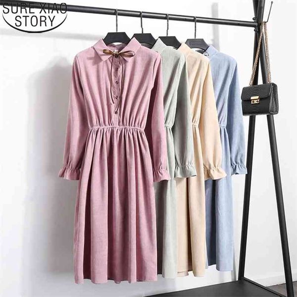 

female winter midi bow tie dress elegant fashion corduroy women autumn korean solid lapel long sleeve 1 210506, Black;gray