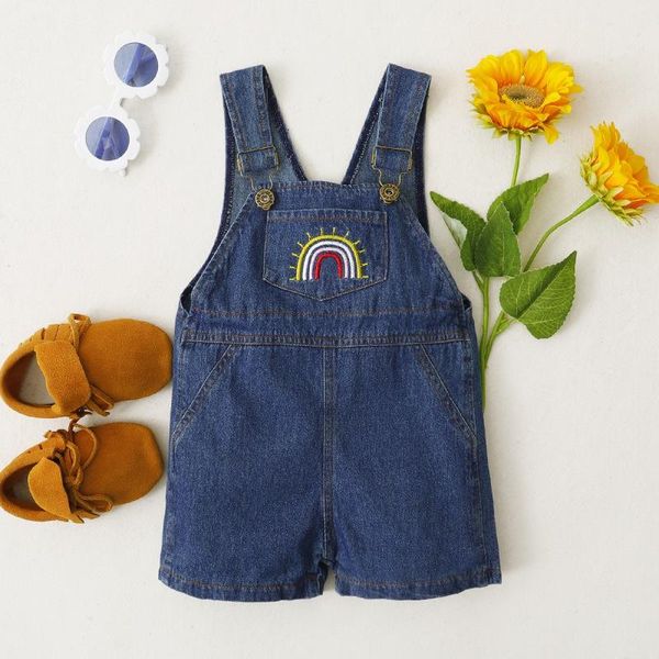 

summer toddlers boys girls pants children denim solid pattern overalls trousers fashion kid clothes jumpsuits, Blue