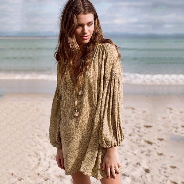 

casual dresses womens arrival 2021 short for women elegant boho loose dress chic ladies large size pareo print leopard, Black;gray