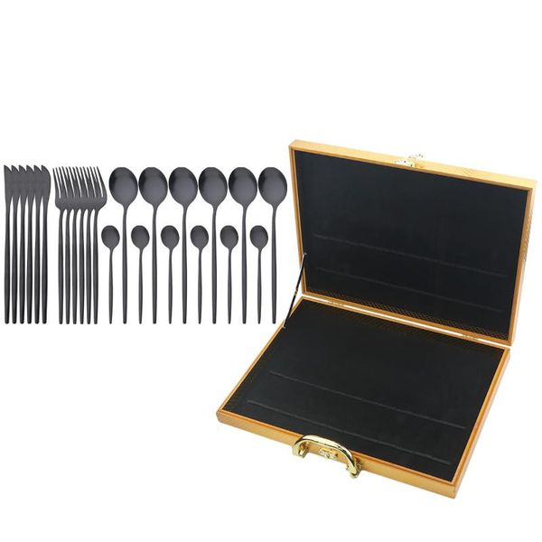 

dinnerware sets 24pcs black set stainless steel cutlery knife forks tea spoon flatware with gold box kitchen silverware tableware