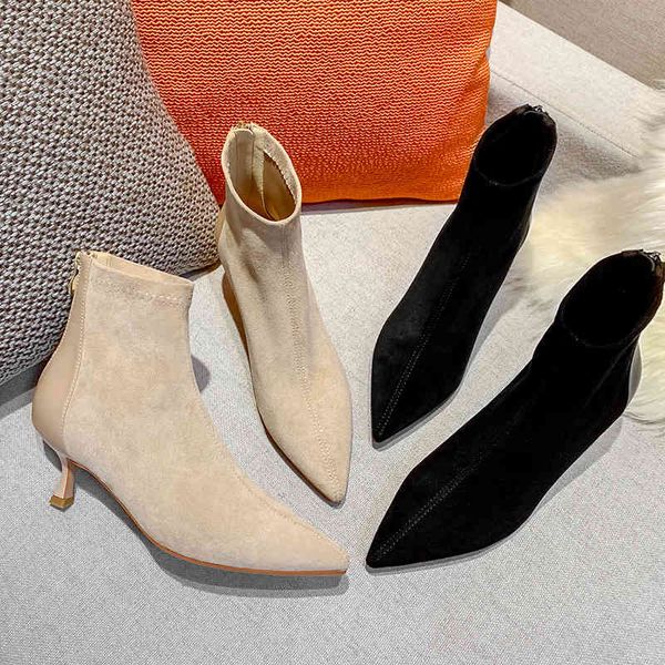 

winter women ankle boots warm women shoes solid black beige faux suede leather point toe zipper thin high heel boots 210520