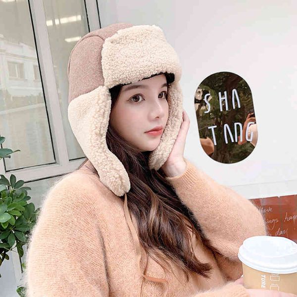 

women rapper cap 2021 warm earmuffs thicken ear-flap cashmere plush cotton blend cap winter russian bomber hat, Blue;gray