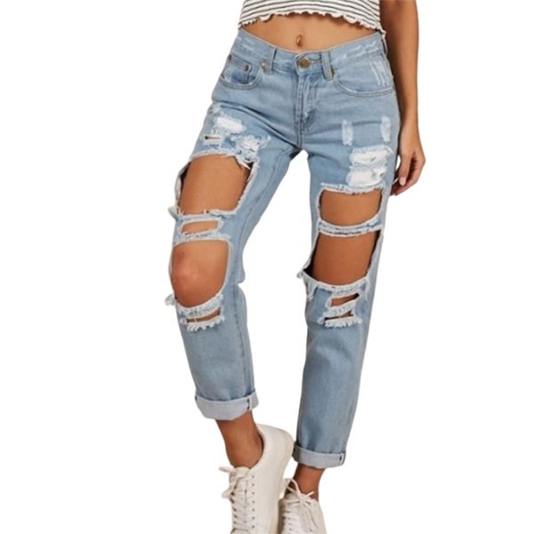 

streetwear big hole destroyed baggy jeans woman high waist ripped boyfriend for women oversized broken denim large 210629, Blue