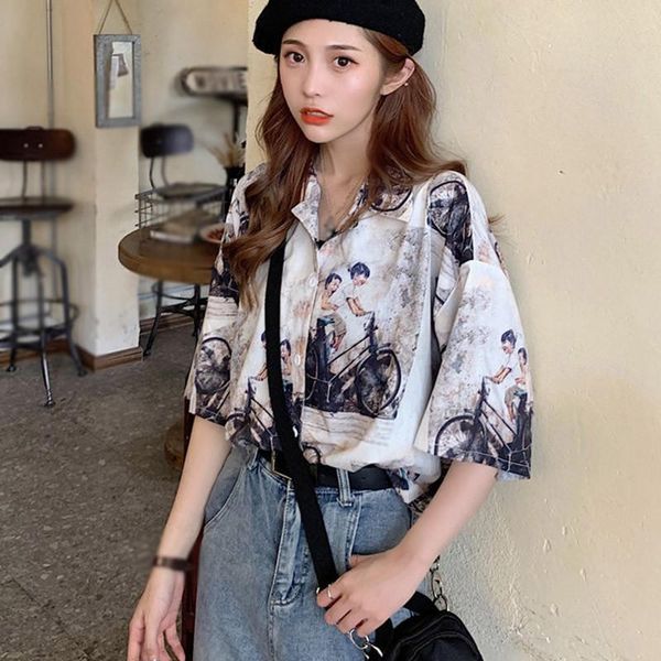 

women's blouses & shirts fashion print casual short sleeve lapel blouse shirt ladies summer blusas, White