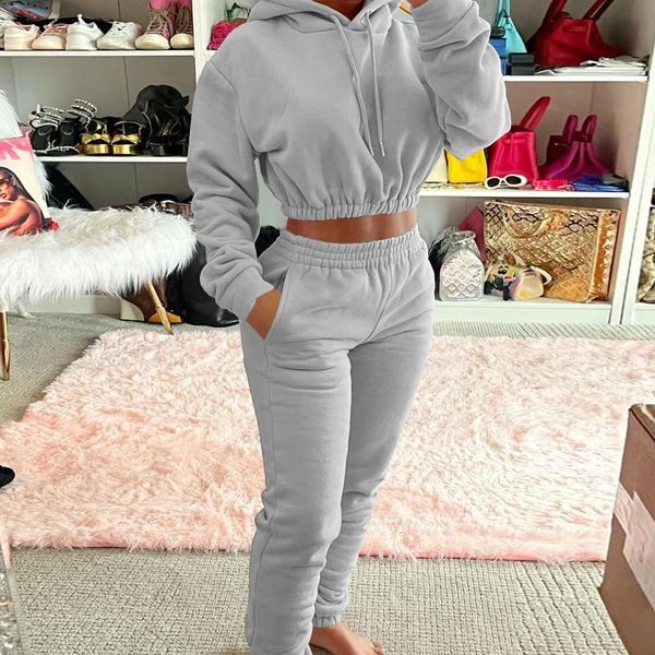 

women's two piece pants sporty activewear set women solid simple hooded long sleeve crop hoodie+elastic waist basic style sportswear tr, White