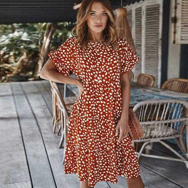 

inspired leopard ruffles short sleeve summer dress knee length plus size dress women new cute cotton bohemian dress 210412, Black;gray