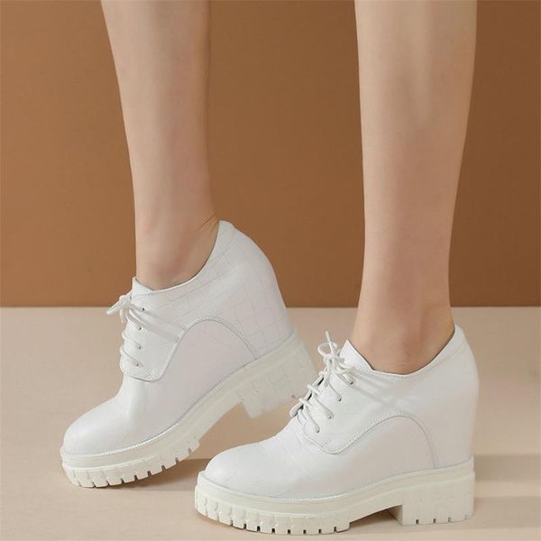 

boots 2021 punk oxfords shoes women lace up genuine leather high heel ankle female round toe platform pumps casual, Black
