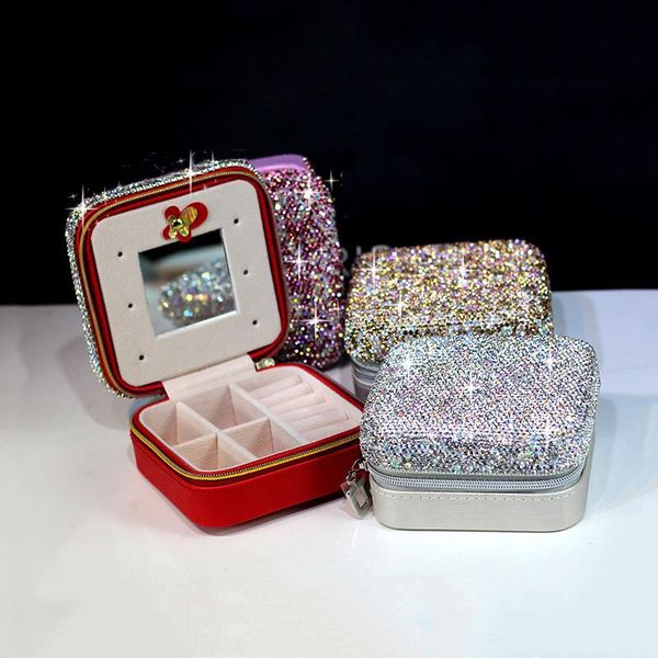 

diamond rystal jewelry box travel portable makeup earrings ring storage boxes & bins