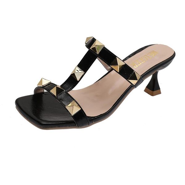 

sandals plus size women summers mules fashion rivets thin high heels slip on ladies street slippers black white square toe shoes