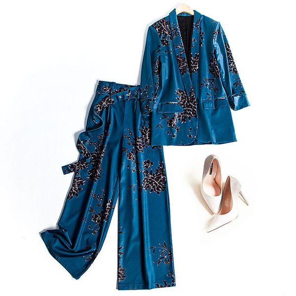 

tracksuits woman 2 piece sets spring autumn ol floral printed shawl collar blazers coats + wide leg loose long pants -3xl jc282, Gray