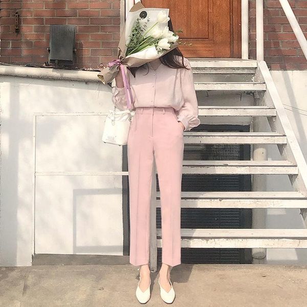 

women's pants & capris 2021 women autumn vintage ol straight pant female solid pockets elastic high waist suit lady casual harem trouse, Black;white