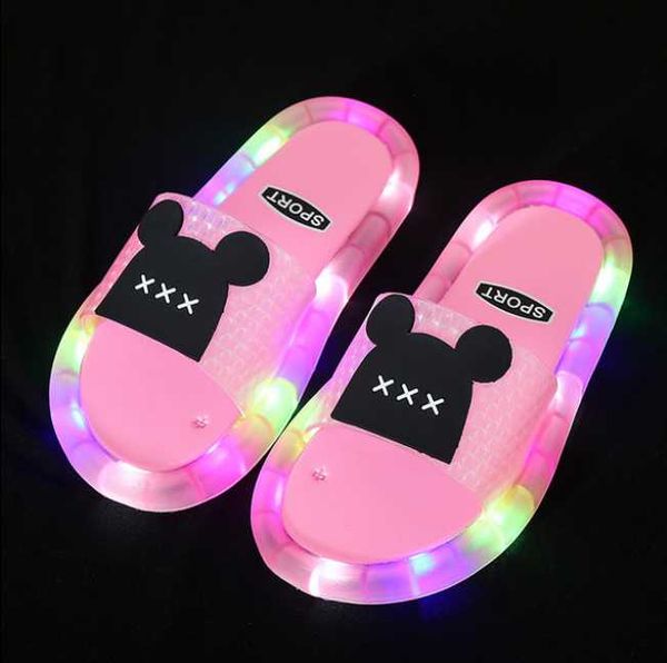 

slipper 2021 summer girls boys luminous slippers children soft pvc toddler kids home sandals comfortable baby pink led light shoes, Black;grey