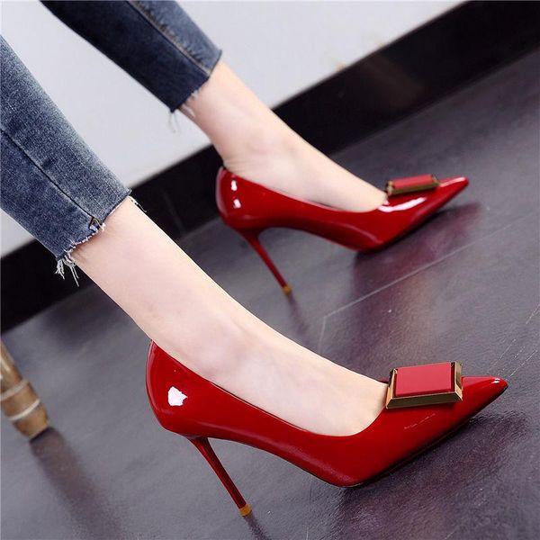 

dress shoes mghy pumps 34-40 size,9.5cm heel,patent leather high heels european pointy stilettos shallow square buckle 014, Black