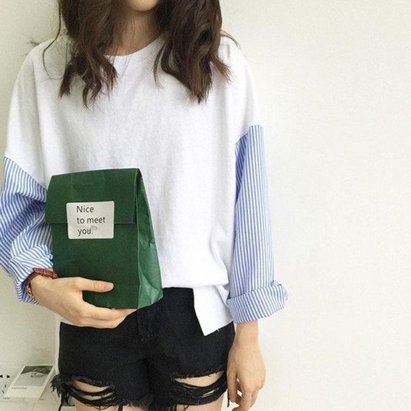 

ladies loose striped black white stitching round neck long sleeve collar the side split camiseta mujer e1 women's t-shirt
