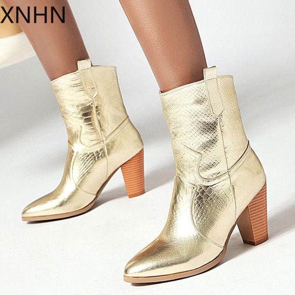 

boots vintage slip-on pure color round toe square heels women winter, Black