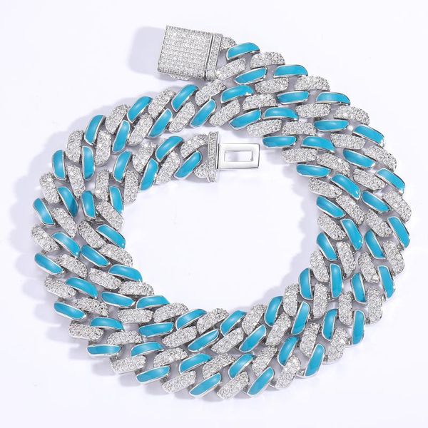 

chains blue pink oil drop cuban chain 12mm wide necklace hip hop trend men and women, Silver