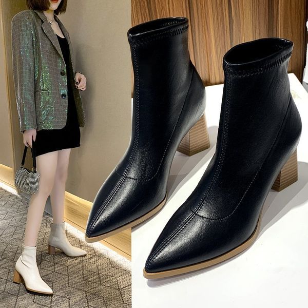 

high heeled short boots women korean autumn and winter fashion thick thin single boot, Black