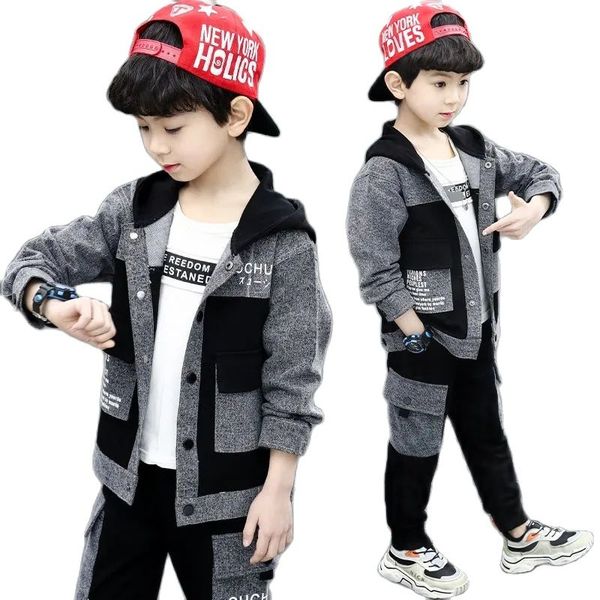 

spring & autumn cotton blend boy sets new 2021 korean version fashion patchwork hooded 2-piece casual print childrens clothing, Blue;gray