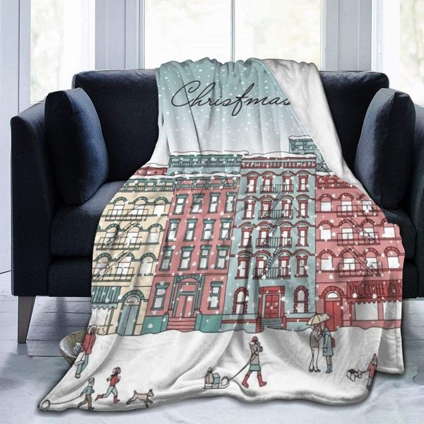 

blanket flannel fleece blanket hand drawn illustration of a new york in winter at christmas time lightweight super soft cozy bed