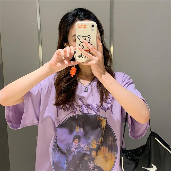 

summer sweet girl vintage graphic women t shirt purple print cotton fun korean harajuku streetwear oversized casual short sleeve, White