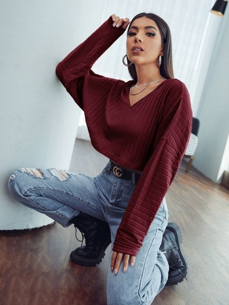 

v-neck drop shoulder crop tee m4fm#, White