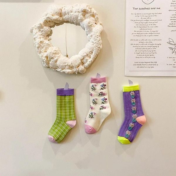 

socks spring and autumn children's baby princess small floral striped cute girls cotton, Pink;yellow