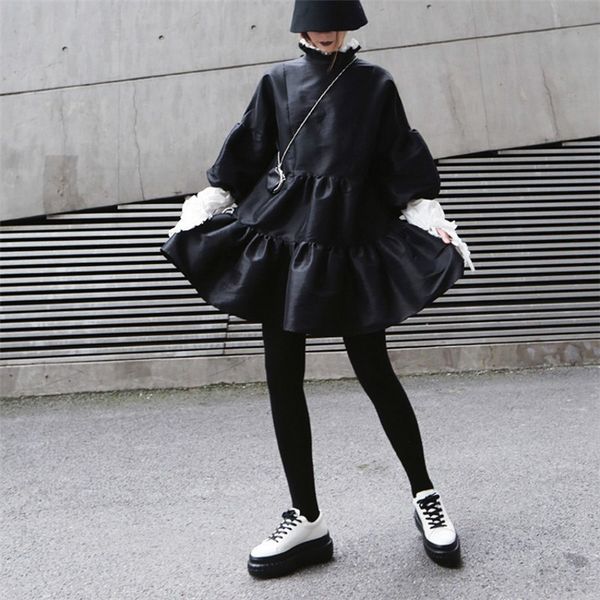 

fashion streetwear women vintage style high neck y lantern sleeves ruffles a line short elegant lady es black est, Black;gray