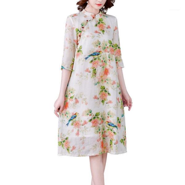 

casual dresses spring autumn women three quarter sleeve slim dress sweet flowers print chinese style improved cheongsam, Black;gray