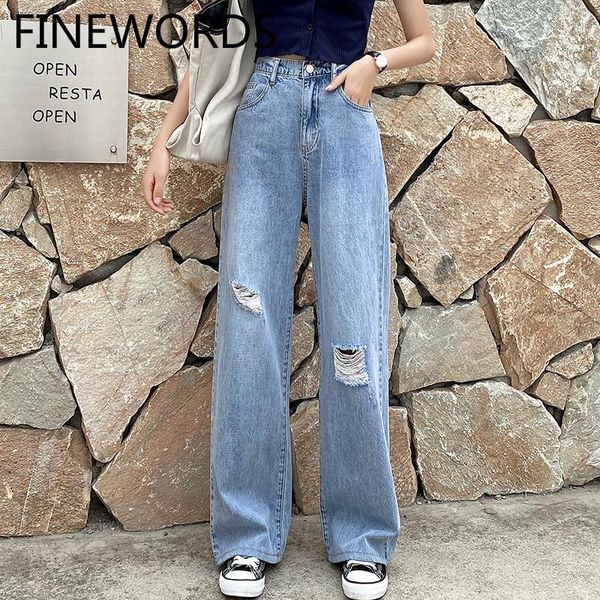 

women's jeans fiords 2021 high waist ripped korean ladies vintage wide leg straight plus size loose casual distressed, Blue
