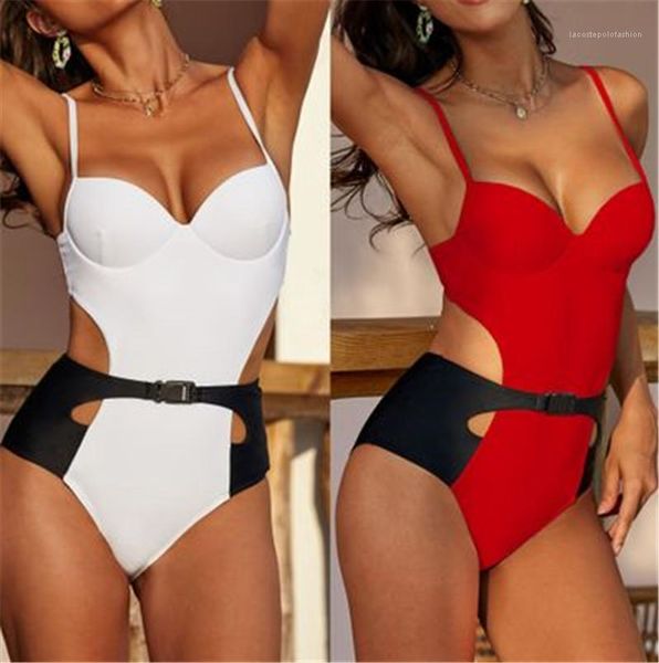 

women's swimwear summer female buckle beach swimming pool bikini women one-piece swimsuit fashion trend open back sling, White;black