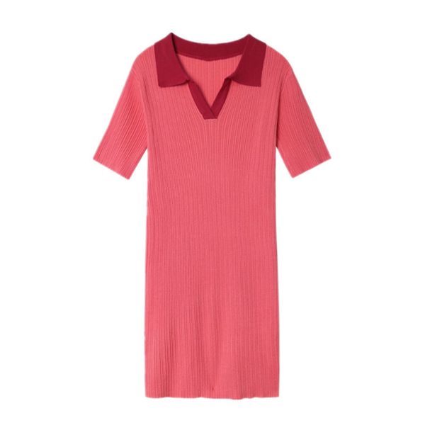 

knitted mini dress turn down collar pink black solid short sleeve summer d1132 210514, Black;gray