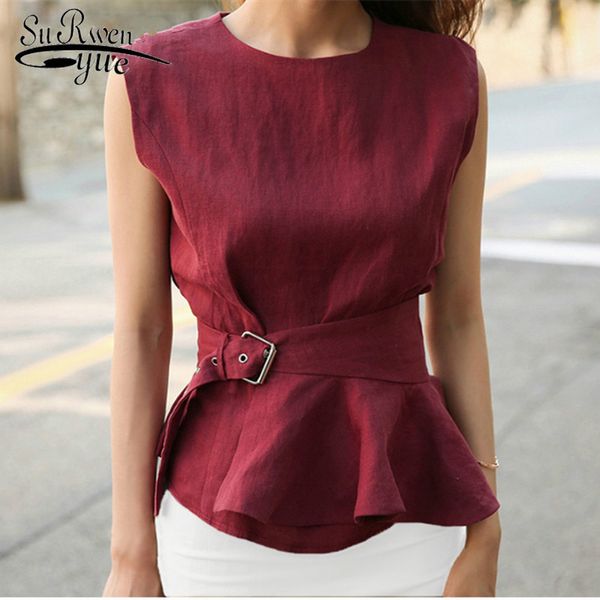 Elegante elegante tanque de verão vermelho femme chemise mulheres camisas de moda o-pescoço mangas sem mangas cintured peplum blusa 4144 50 210521