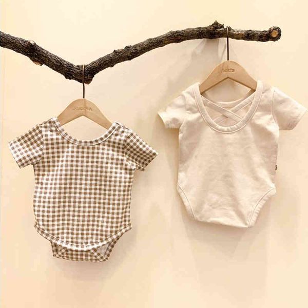 

baby clothes plaid 0-3yrs infant boys girls bodysuits short sleeve toodler one piece 210429, Blue