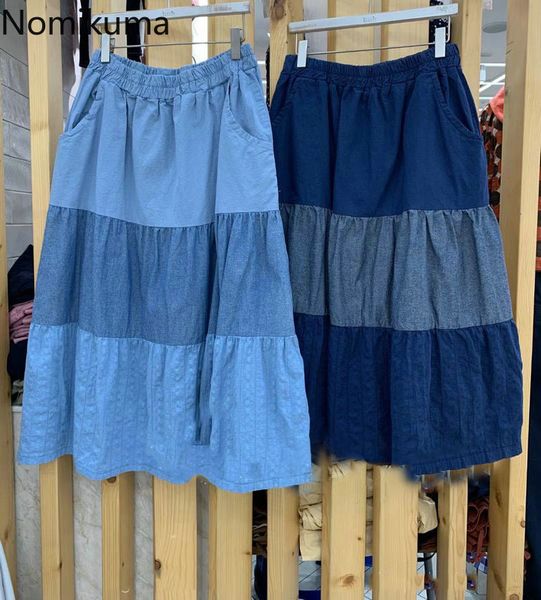 

nomikuma korean contrast color patchwork jeans skirts causal high waist a-line demin skirt women summer faldas mujer 6g953 210427, Black