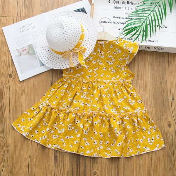 

girl's dresses summer girl dress baby kids girls sleeveless ruffle flower printed cake with hat outfit set vestido niÃ±a verano 2021, Red;yellow