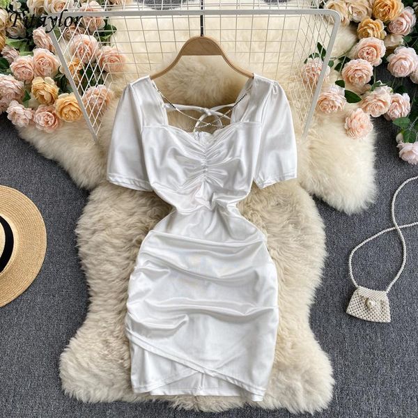 

casual dresses fitaylor sheath mini dress 2021 summer women personality chain solid elastic waist pink club party square collar clothin, Black;gray