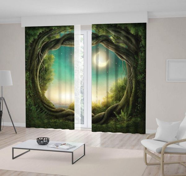 

curtain & drapes moon stars summer sky moonlight reflection on sea view from dark forest trees woodland green yellow