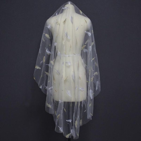 

bridal veils light gray tulle short one layer wedding veil with gold silver feather embroidery cover face velo, Black