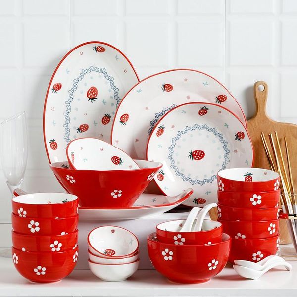 

red strawberry pattern ceramic steak plate dish rice fruit salad noodles bowl porcelain tableware dinner plates dishes set &