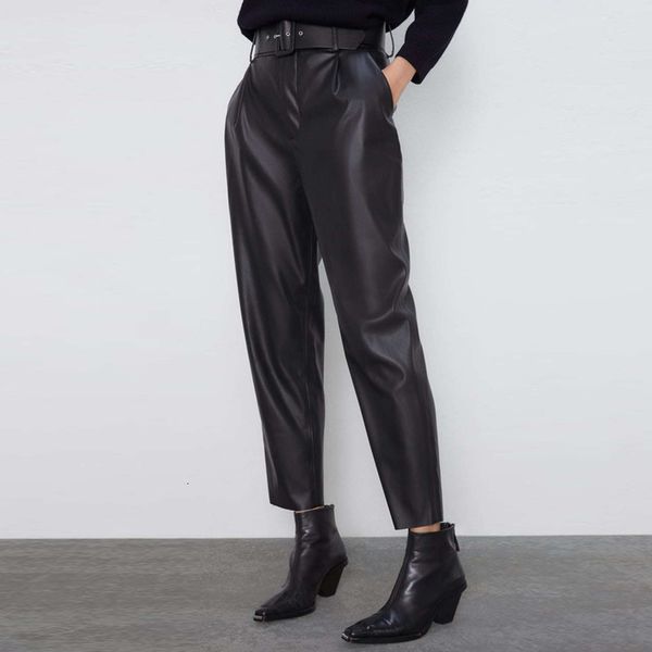 

pants autumn women chic high waist trousers black faux pu leather woman elegant pockets vintage streetwear pants, White