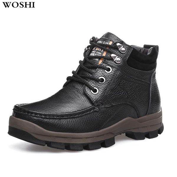 

boots cow genuine leather men winter lace-up keep warm plush snow outdoor fashion motorcycle ankle shoes, Black