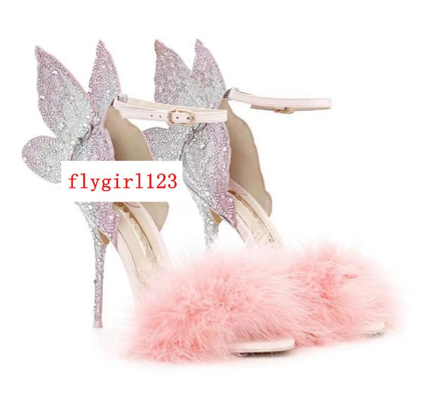 

women's leather fashion sandals, rhinestone butterfly wings, one-word buckle, plush stilettos, size: 34-42, pink, Black