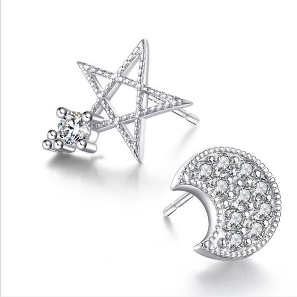 

stud oan fashion 925 sterling silver earrings for women party asymmetry star moon shiny zircon earring lady jewelry gifts, Golden;silver