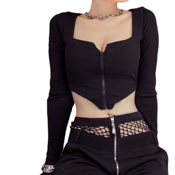 

women's t-shirt gothic spring autumn fashion casual hipster designer creative irregular low-cut zipper square collar long sleeve, White