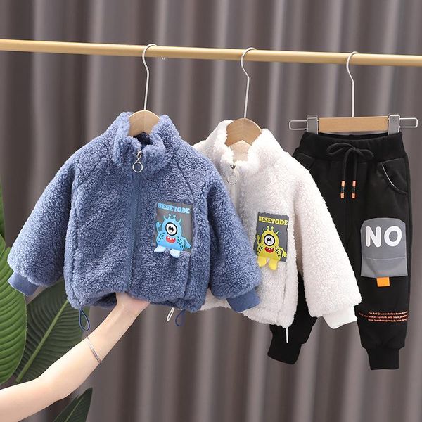 

clothing sets 2pcs kids boys warm winter cartoon fur coat pant suit clothes for children boy, White