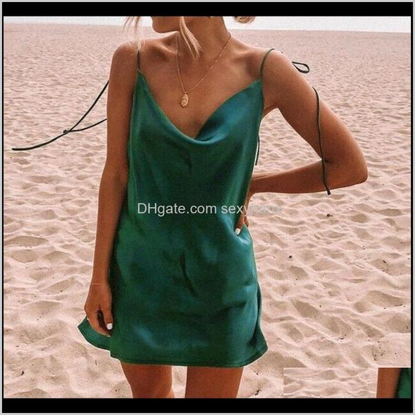 

sleepwear womens underwear apparel drop delivery 2021 open back waist solid color ice silk nightdress fashion female small halter strap, Black;red