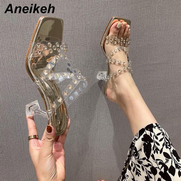 

aneikeh 2021 fashion women's summer pvc bling polka dot outside thin heels slides shallow elegant gold silver size 35-39 slippers, Black