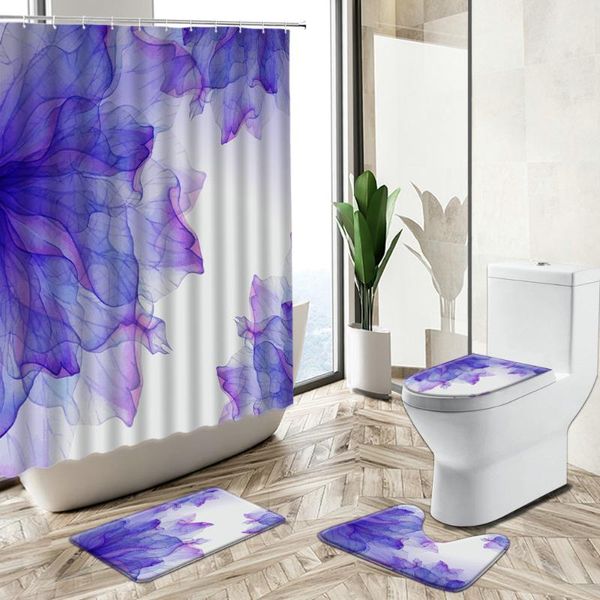 

shower curtains floral print curtain purple rendering watercolor abstract art home deco bath mat toilet cover flannel bathroom carpet set