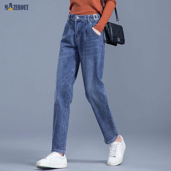 

women's jeans mazerout blue high waist pencil loose pant autumn women streetwear female denim buttons zipper plus size slim